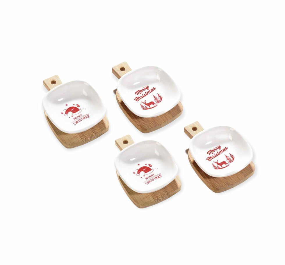 Set aperitivo 4 coppette in ceramica con vassoio a tagliere decorazioni rosse