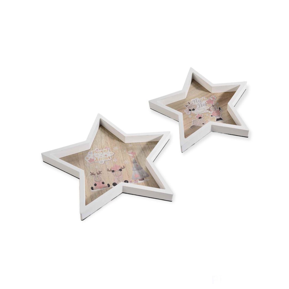Set 2 vassoi in legno a forma di stella con renna rosa