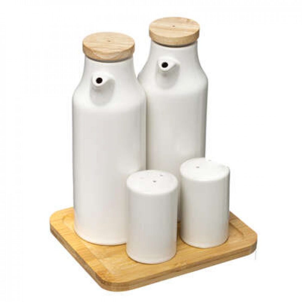 Set olio e aceto + pepe e sale in ceramica con piattino in bambù
