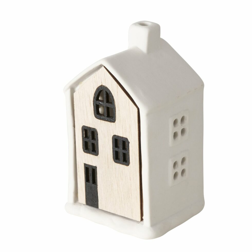 Casetta luce led in ceramica e legno h 10 cm