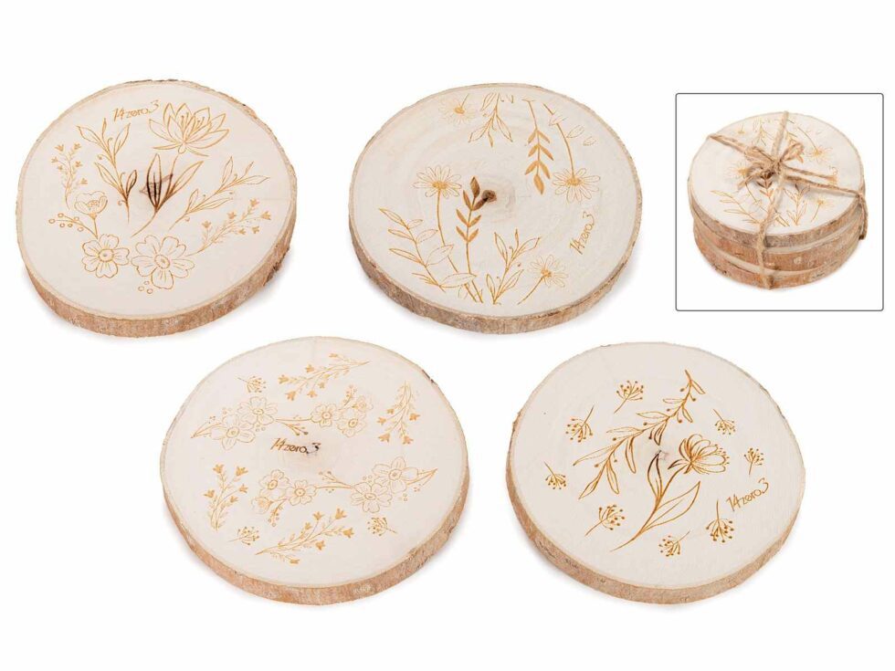 Set 4 sottobicchieri in legno naturale con erbe incise